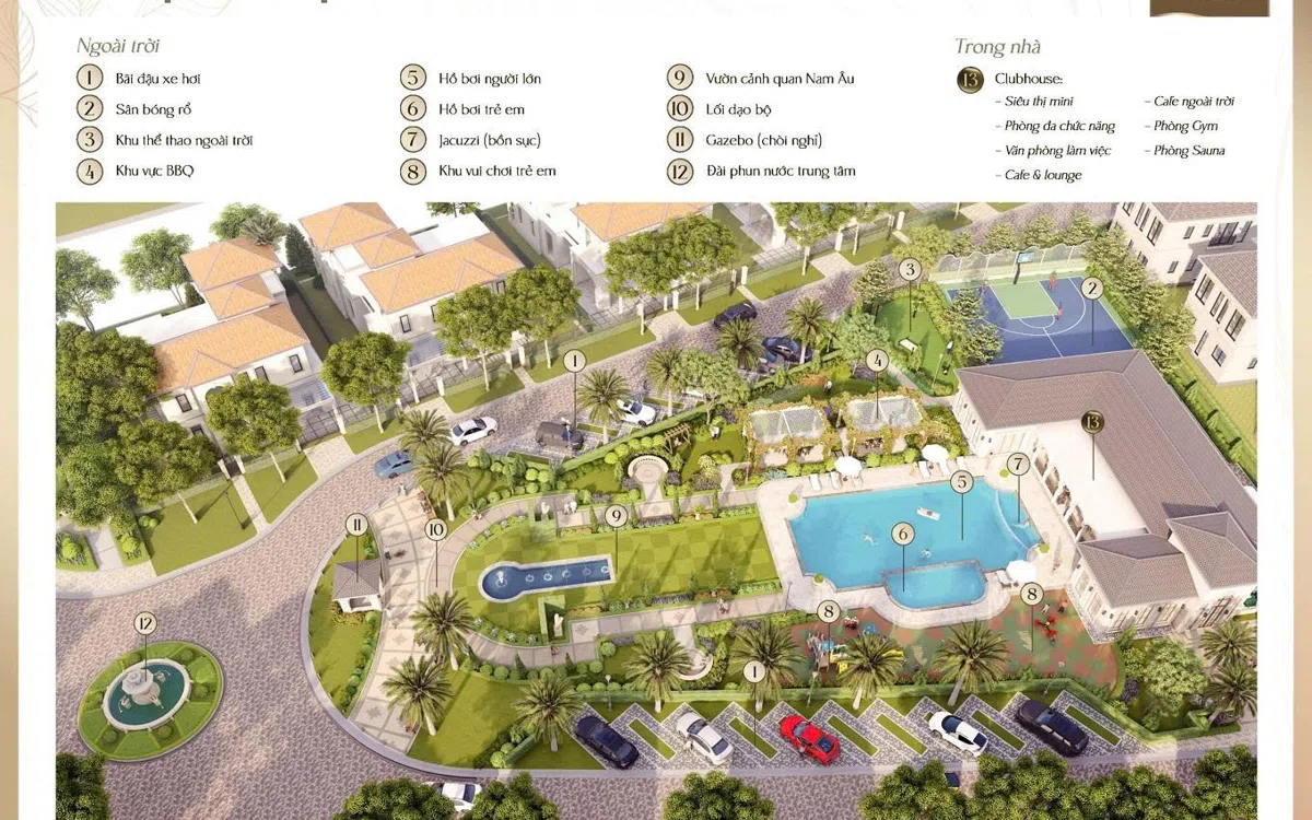 Phối cảnh clubhouse và hồ bơi nội khu Park Village