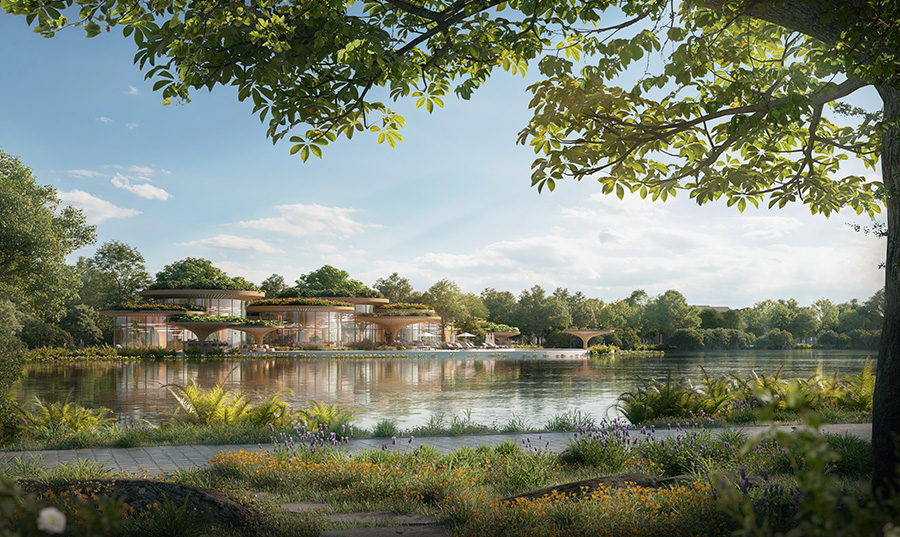Mặt nước và cây xanh trong cảnh quan Eco Retreat