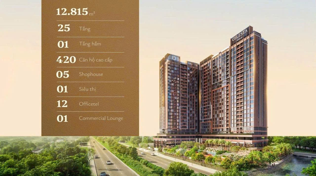 Thông số Celesta Gold: 12.815 m², 25 tầng, 420 căn hộ, 5 shophouse, 12 officetel